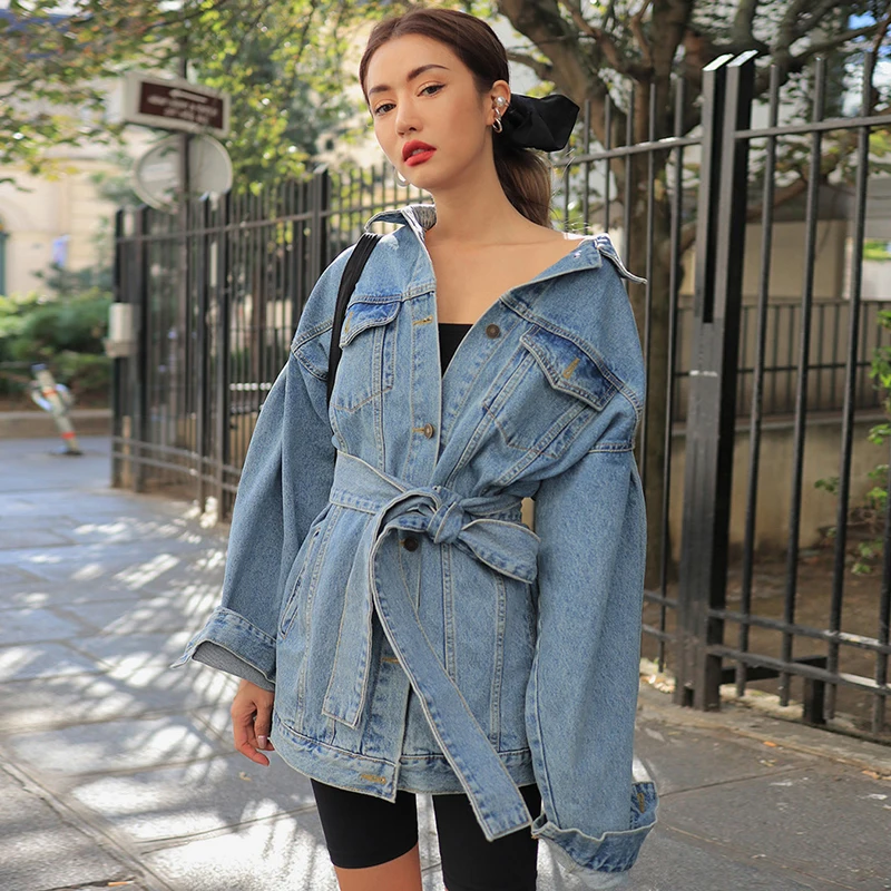 

Mid-length Vintage Washed Blue Waist Lace-up Denim jacket 2020 Autumn Women Loose Lapel Single-breasted Jaqueta jeans feminina