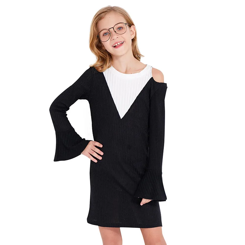

Long Sleeve Knit Black White Color Off-shoulder Dress for Kids Girl Elegant Casual Party Teenage Girls Clothing size 8 9 10 12