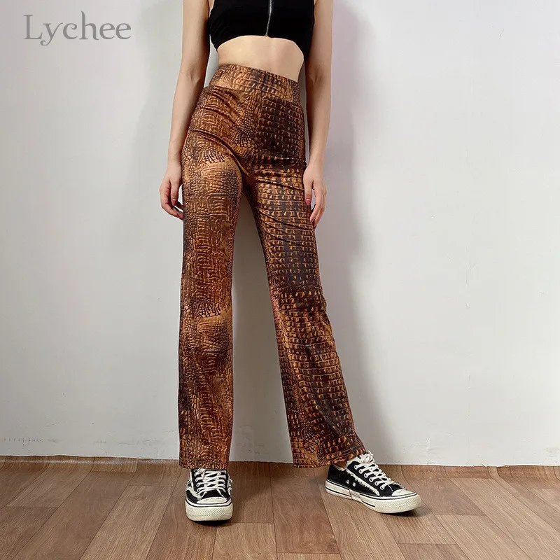 Lychee женские брюки с эластичной талией в стиле Харадзюку, с узором «крокодиловая кожа», женские брюки, прямые брюки, винтажные осенние женские брюки