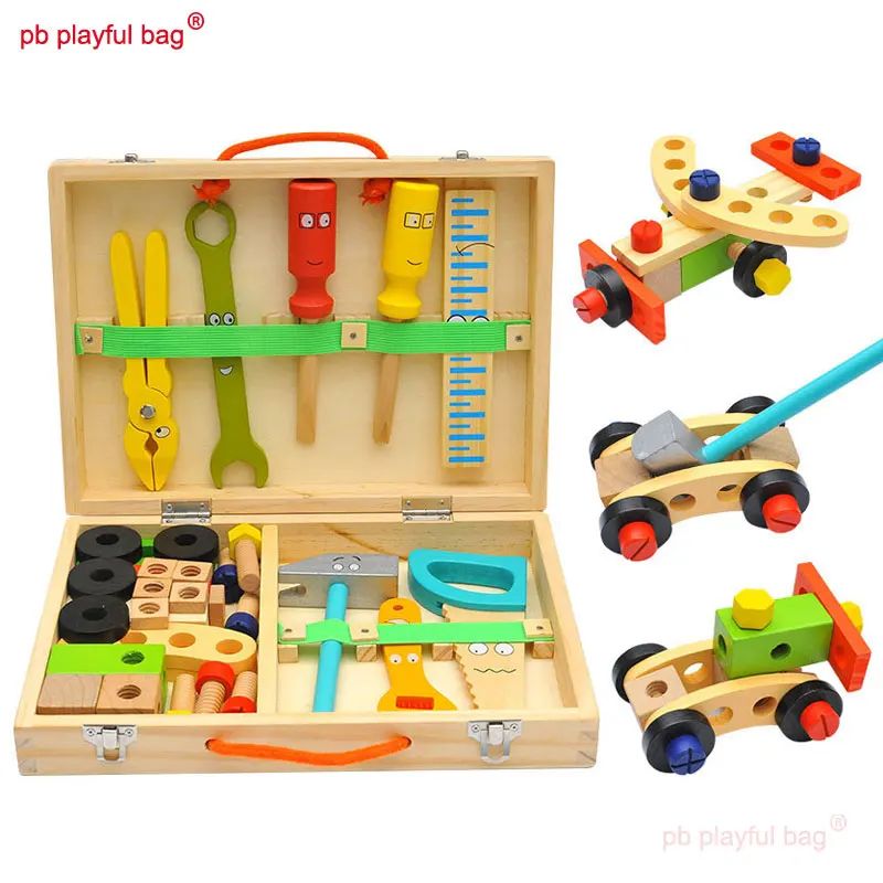 

PB Playful bag Montessori Wooden building blocks Simulation Repair Toolbox Cartoon DIY Educational toys for children gift UG23