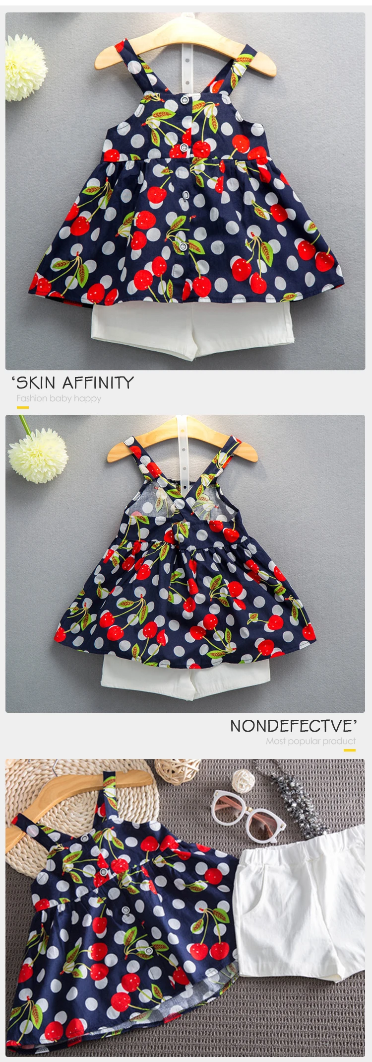 Cherry Print Tops Beautiful Pretty Children Girl Clothes Vest Floral 2 Piece Girls Matching Summer Sets Clothing
