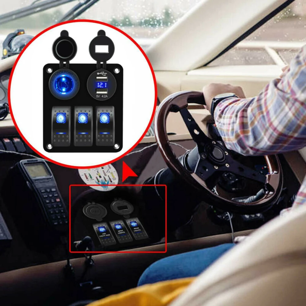 12V/24V LED Rocker Switch Panel Blue 3 Gang Circuit Breaker USB Voltmeter RV Car Marine Boat | Автомобили и мотоциклы