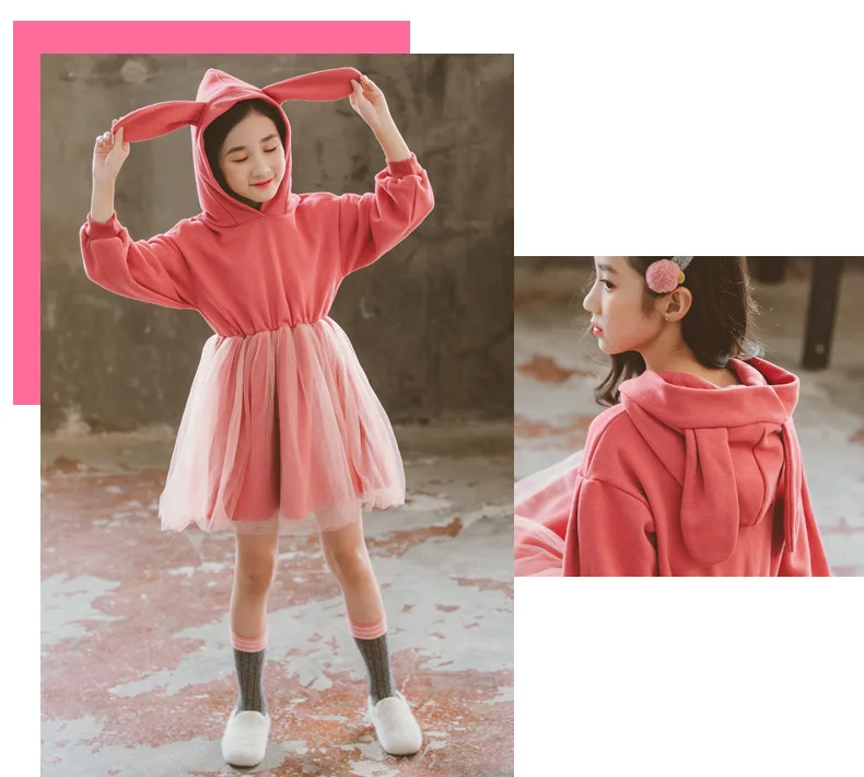 2020 Spring Autumn Big Girls Cute Pink Rabbit Ears Hooded Sweater Dresses Children Cotton Mesh Dress Blue Size 6 8 9 10 11 12 13 (5)