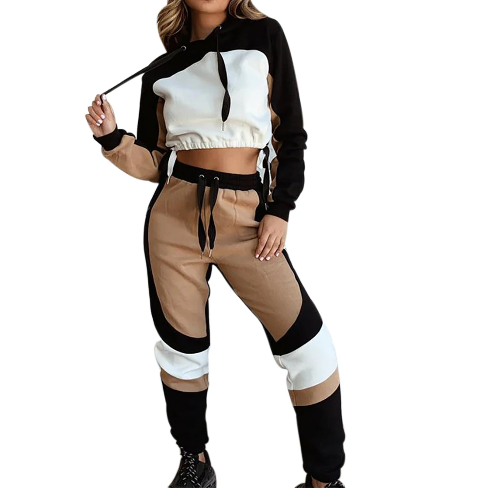 

NIBESSER Newest Streetwears Women Hip Hop Suits Outfits Hoodies Colorblock Crop Tops And Long Pants Sweatwear Fashion Tracksuit