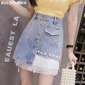 

Patchwork Mesh Denim Skirt High Waist A-line Mini Skirts 2020 Summer New Arrival Single Button Pearl Blue Skirt Jeans for Women