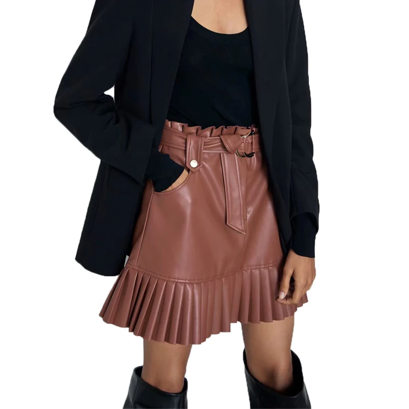 

Autumn skirts womens 2019 casual pleated a-line skirt brown leather skirt belt womens clothing high waist skirt