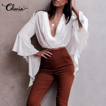 

Celmia Plus Size Solid Ruffles Blouse Women Summer Sexy Deep V-Neck Irregular Top Casual Flare Sleeve Short Shirt Elegant Blusas