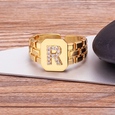Arrival Fashion Gold Color Initial Ring Open Design Adjustable Hot Sale Watchband Chain A-Z Letters Zircon Rings For Women