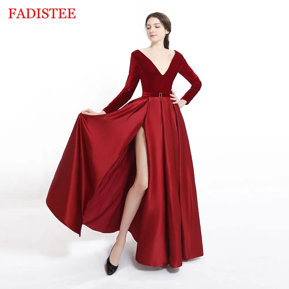 Burgundy Velour Prom Party Evening Dresses Vestido De Noiva Sereia Gown Satin Robe De Soiree Elegant Frock Side Slit Long Sleeve