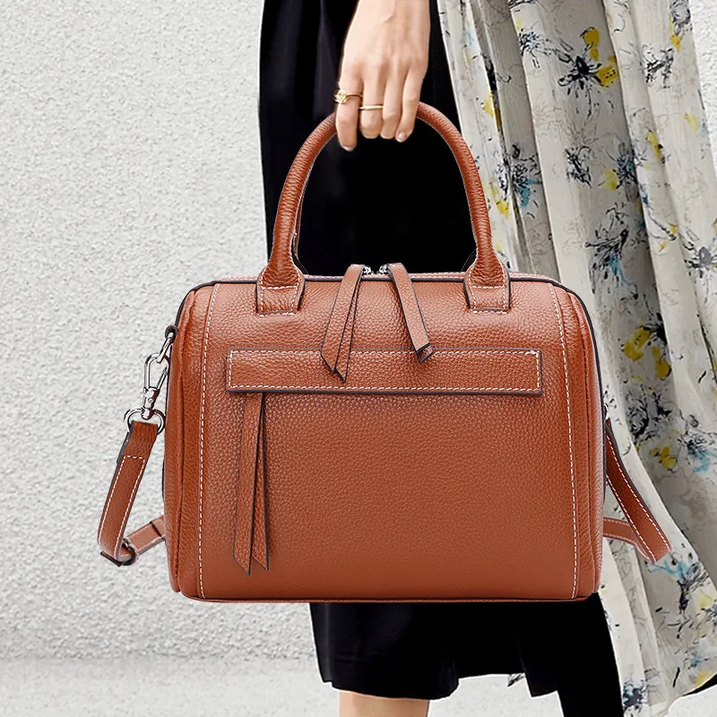 

Genuine Leather Female Head Layer Cowhide Slung Single Shoulder Portable Boston Bag 1058