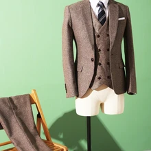 Курительный мужской костюм коричневого цвета в елочку, Зимние новые твидовые свадебные платья, 3 предмета, куртка+ жилет+ штаны