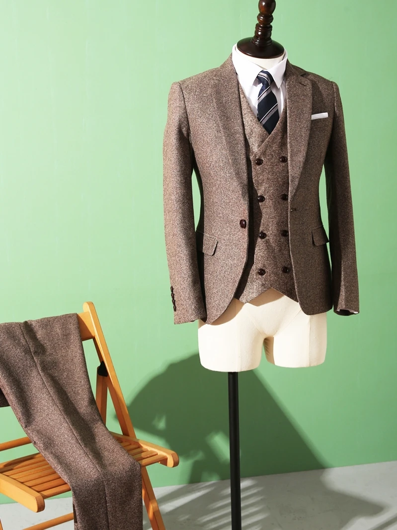 2020 курительный мужской костюм коричневого цвета в елочку Зимние новые твидовые