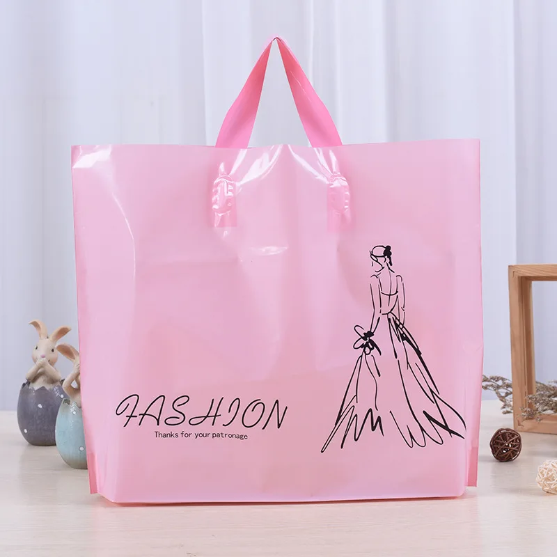 Розовые пластиковые сумки, 10 шт., черные свадебные сумки для девочек с принтом для покупок, упаковочные пакеты для ювелирных изделий, пластиковый подарочный пакет с толстым мешком Hnadle - Цвет: Pink