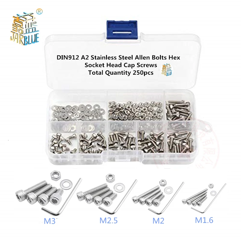 

250pcs M1.6 M2 M2.5 M3 A2 Stainless Steel DIN912 Allen Bolts Hex Socket Head Cap Screws wrench Assortment Kit
