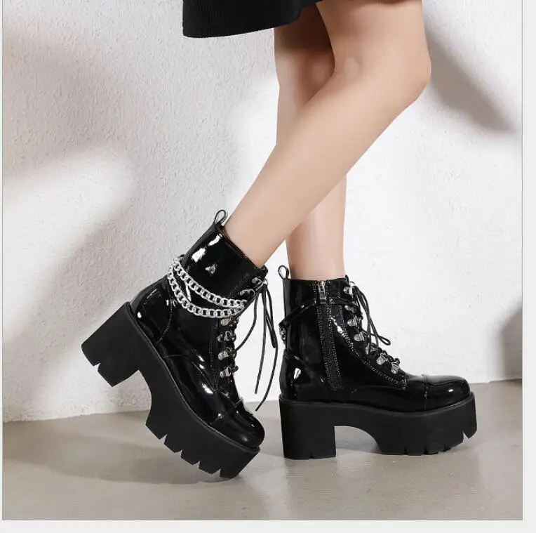 Fashion Chunky Classic Motorcycle Boots for Women Autumn Winter Black Fashion Round Toe Lace-up Black waterproof Boots Ladies