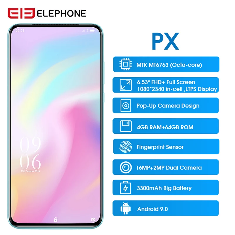 Elephone PX 6,5" FHD+ полноэкранная 16 МП всплывающая камера, глобальный мобильный телефон Android 9,0, четырехъядерный смартфон с отпечатком пальца