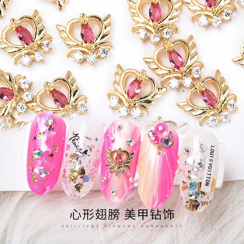 

10pcs Luxury Love angel wing 3D Nail Art Rose Zircon Crystal metal manicure nail accessories DIY Nail Decorations Nail charms