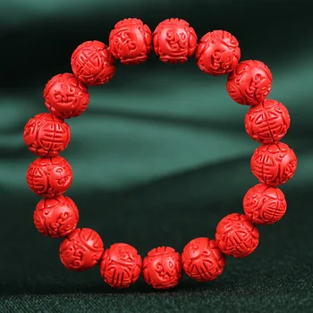 

Chinese 12MM Carving Beads Elastic Bracelet Natural Red Organic Cinnabar Fashion Man ahd woman Luck Amulet Gifts