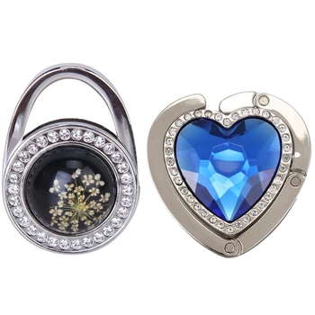 

2 Pcs Pressed-Flower Pattern Round Rhinestone Handbag Folding Hanger Hook