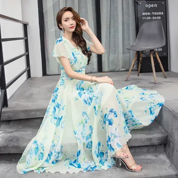 

BacklakeGirls Summer Bohemian Dress Woman Elegant Tourism Vacation Beach Flower Printing Long Evening Dress Plus Size