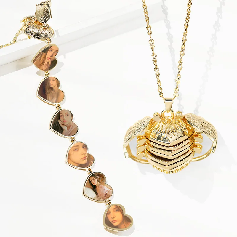

Zavorohin 6 Slot Fold Expand Photo Floating Locket Necklace Heart And Wing Frames Necklaces Friendship Choker Jewelry Love Gifts