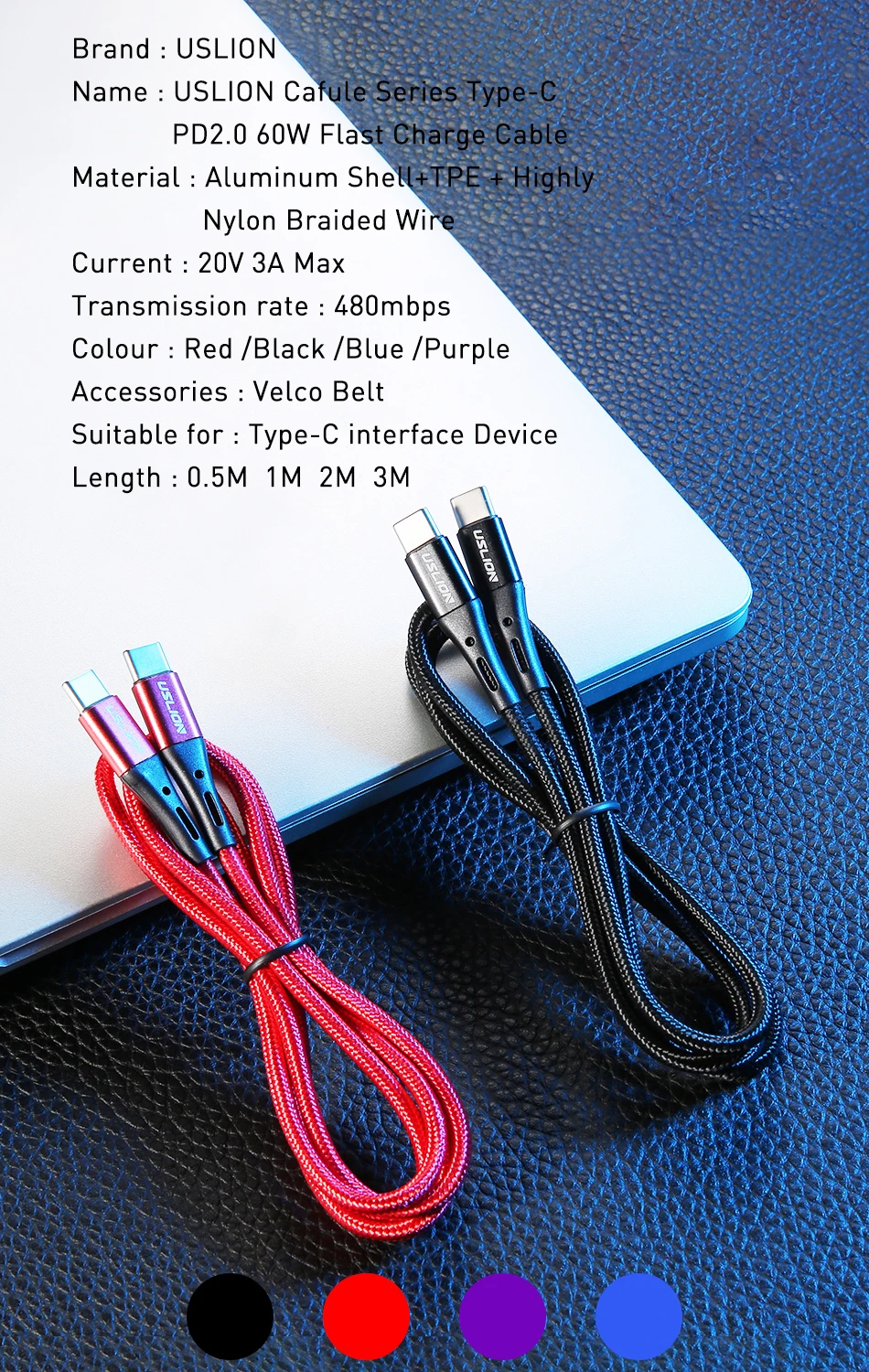 USLION двойной usb type C к usb type C кабель для samsung S9 Plus поддержка PD 60 Вт QC3.0 3A кабель для быстрой зарядки для устройств type-C
