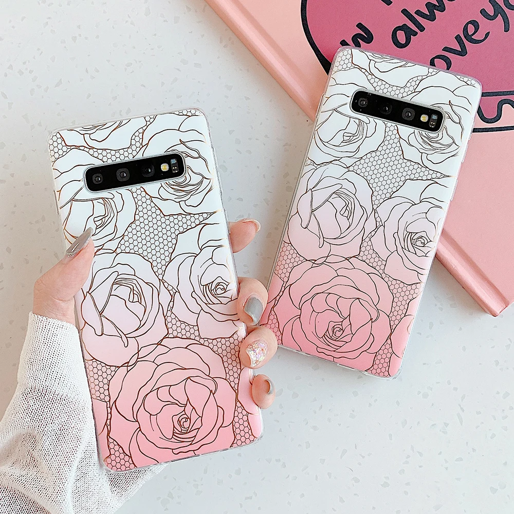 

LOVECOM Plating Rose Flower Phone Case For Samsung Galaxy S10 Plus S8 S9 Plus Note 10 9 8 Matte Soft IMD Luxury Phone Back Cover