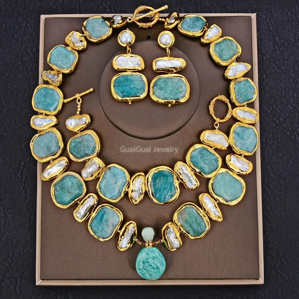 GG Schmuck Natürliche Süßwasser Weiß Biwa Perle Grün Nugget Amazonit Edelsteine Gold Überzogene Anhänger Halskette Armband Ohrringe Sets|Schmucksets| - AliExpress