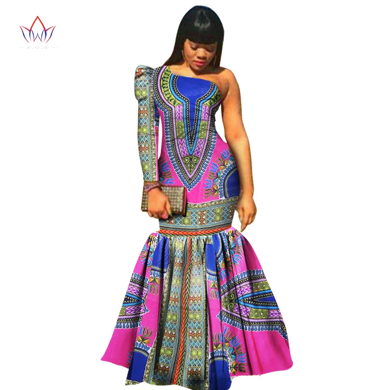 Летнее платье, африканская ткань, платья с принтом, на одно плечо, с длинным рукавом, платье русалки, макси платье, женское, плюс размер, одежда 6XL, WY346 - Цвет: 14