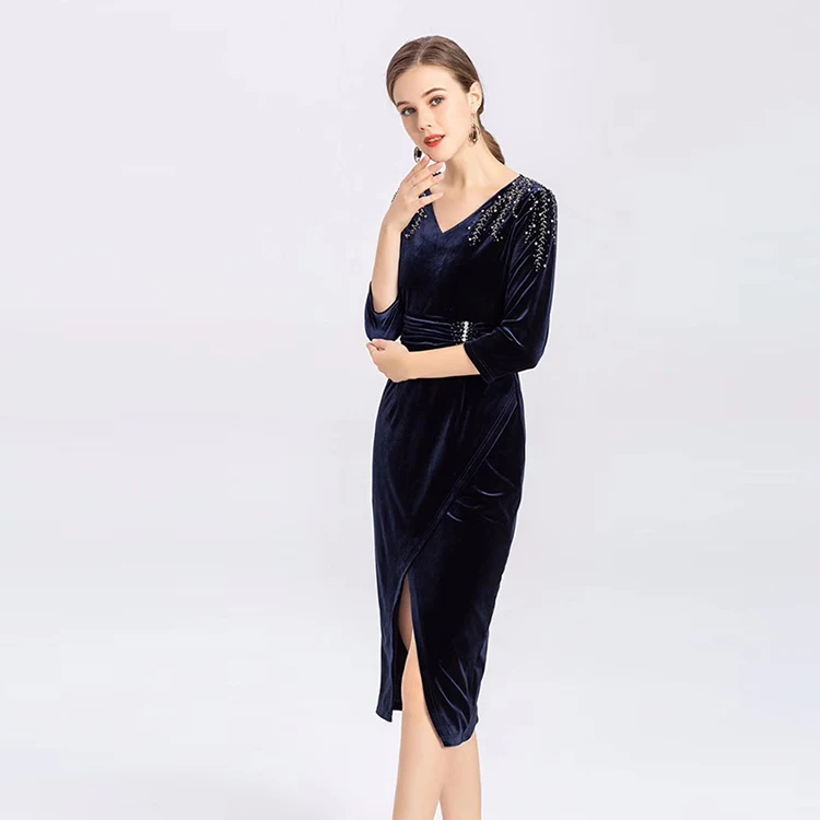 VERDEJULIAY, подиум, модное, облегающее, бархатное платье, женское, 3/4 рукав, синее, офисное, v-образный вырез, роскошное, с бисером, миди, тонкое, с разрезом, платье