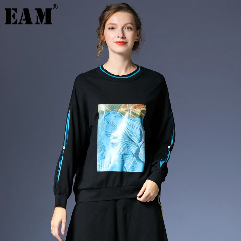 

[EAM] Loose Fit Pattern Print Oversized Sweatshirt New Round Neck Long Sleeve Women Big Size Fashion Autumn Winter 2019 1D903