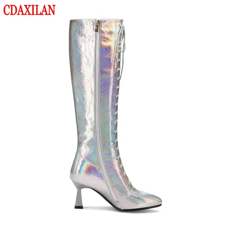 CDAXILAN new arrivals women's knee boots silver pantent leather cross strap side zipper pointed high heel martin boots dancing