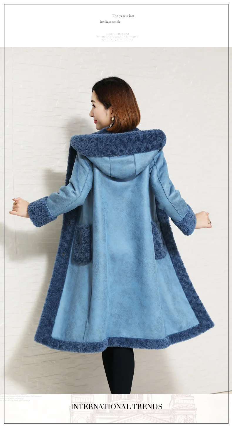 AYUNSUE, Женское пальто с натуральным мехом, осенне-зимняя шерстяная куртка для стрижки овец, длинное меховое пальто с капюшоном, куртки, Двусторонняя одежда 88015-1