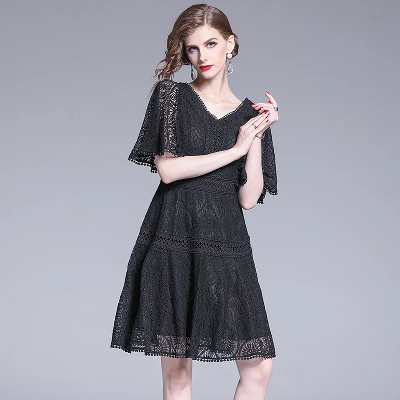 

Europe And America Women's 2019 Summer New Style WOMEN'S Dress Elegant Slim Fit Slimming V-neck Short Sleeve Mid-length Dress