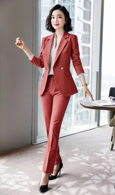 Brick red coat pants Модные темпераментные полосатые брюки костюмы для женщин осень зима формальный с длинным рукавом Блейзер и брюки офисная Дамская деловая Рабочая одежда - Цвет: Brick red coat pants