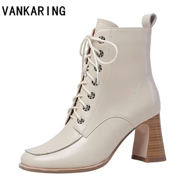 

new fashion woman ankle boots high quality genuine leather handmade autumn winter boots cross-tied thick high heels boots woman
