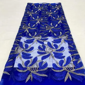 

Elegant royal blue with embroidery French net lace fabric evening dress tulle material for making dress JNZ455(5yards/lot)