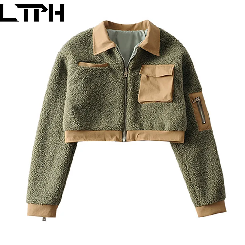 

LTPH vintage contrast color Imitation lambswool jackets Zipper Thicken Warm winter jacket women Coat short Outerwear 2020 New