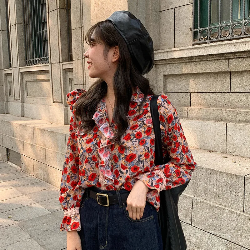  Photo Shoot 2019 Early Spring New Style Retro Floral Shirt Western Style Stand Collar Flounced Flor