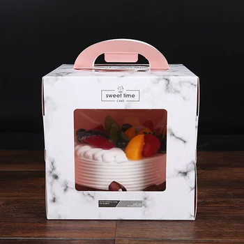 

5pc Marble Cake Box With Window 4Inch 6inch Portable Birthday Cake Box With Handle Double Transparent Open Window Cake Packaging