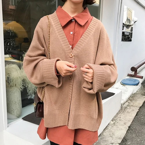 Light Brown Gaganight Повседневный свободный женский кардиган осень зима толстый однотонный длинный рукав v-образный вырез однобортный модный свитер - Цвет: Light Brown