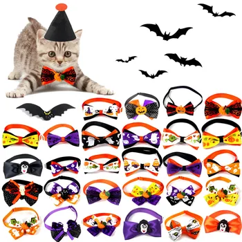

60 PCS Wholesale Halloween Dog Accessories Pumpkin Skull Dog Bow Tie Pet Cat Dog Puppy Bowtie Holiday Party Pet Supplies