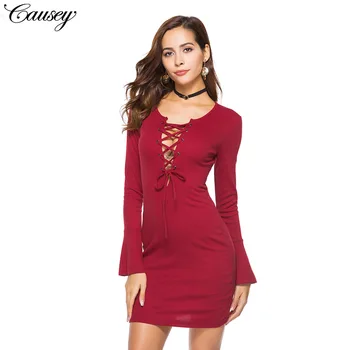 

2020 WOMEN'S Dress Cross Straps dress Dew Chest Deep V-neck Low-Cut Slim Fit Long Sleeve Jersey Dress