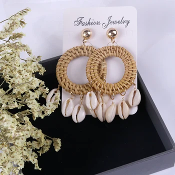 

New European and American Geometry Manual Rattan-woven Shell Earrings Multi-layer Shell Earrings Lafite Straw-woven Earrings