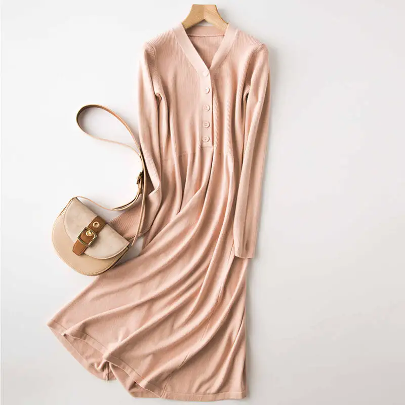 Облегающий свитер с v-образным вырезом женский свободный женский головной убор в длинном абзаце новое осенне-зимнее трикотажное платье - Цвет: Shrimp pink