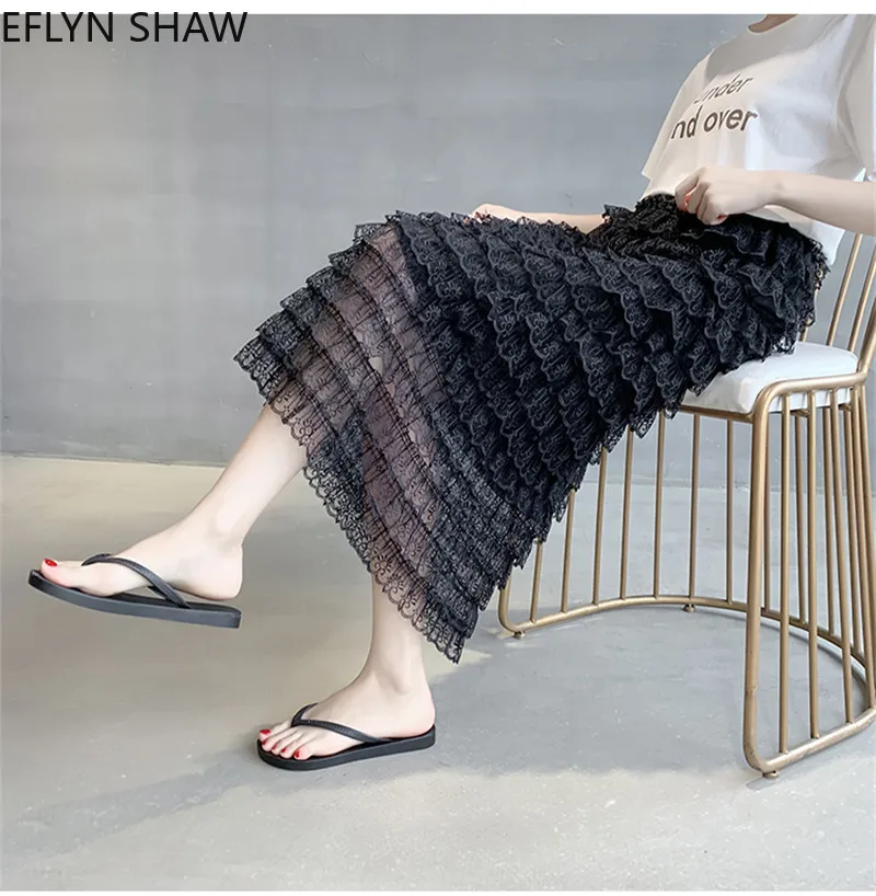 Korean Long Skirts Lace Multi-layer Tulle Baroque Skirt High Waist Ruffled Mesh Spring Summer Vintage Black | Женская одежда