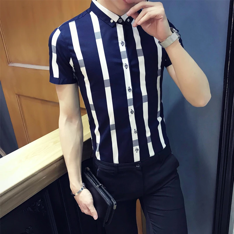 Полосатая летняя Модная приталенная рубашка с коротким рукавом camisa masculina мужская