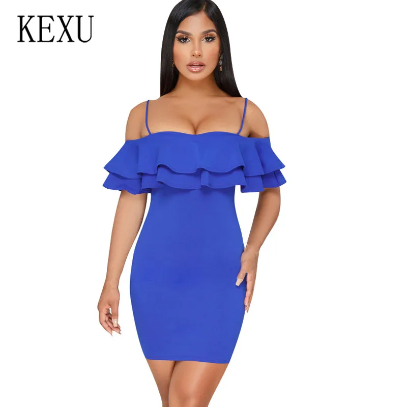 

KEXU Sexy Spaghetti Strap Backless Summer Ruffles Dress Women Elegant Sleeveless Off Shoulder Mini Bodycon Party Femme Dress