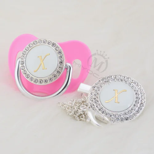 BLING silver bling name Initial letter X elegant pacifier and pacifier clip BPA free dummy bling baby shower SGS pass LX-1 - Цвет: LX-3-1    6-18M