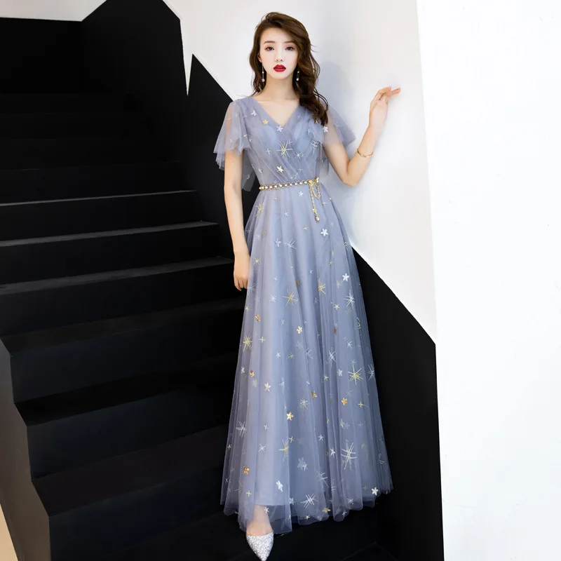 Элегантные длинные вечерние платья с вышивкой со звездами и v-образным вырезом, романтическое светло-синее женское платье, женские тонкие платья, модная одежда